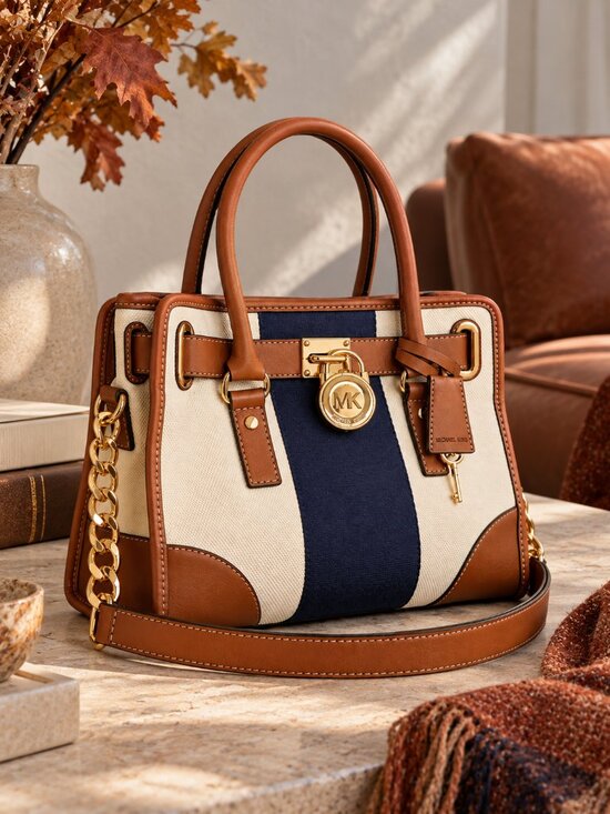 Michael Kors Handbags - Michael Kors Hamilton East West Satchel Stripe Old Money Cream Navy Cognac